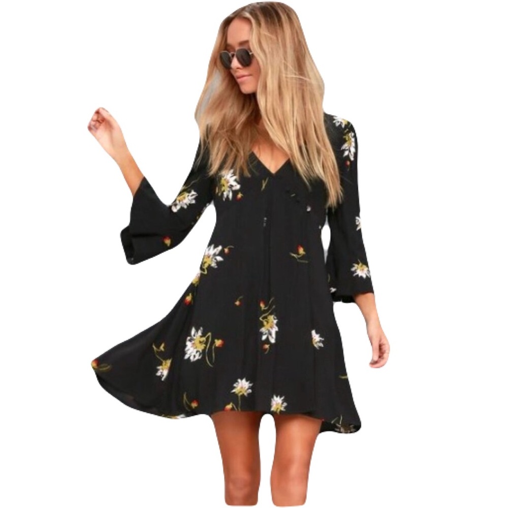 FREE PEOPLE Time On My Side Black Floral Print Wrap Dress Size Large